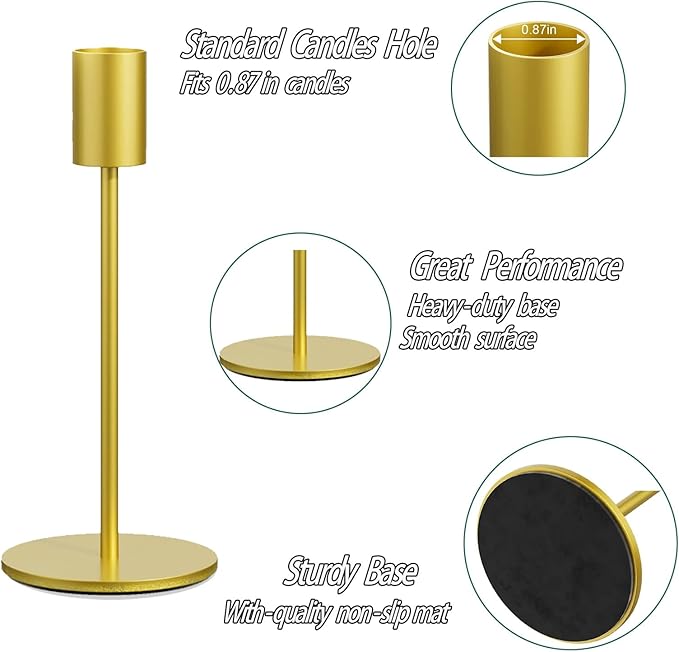 Taper Candle Holder Set of 6, Brass Gold Tall Candlestick Holders, Metal Vintage Candle Stickers Long Holder Set, Pillar Decorative Candle Holder Fits 3/4 Inch Candle for Wedding (Gold-6 Packs)