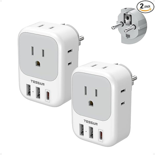 TESSAN 2 Pack Type E F Plug Adapter, Germany France Power Travel Adaptor with 3 USB Charger(1 USB C PD 20W), 4 Outlets Schuko Plug for US to Europe Spain Iceland Korea Greece Russia German French