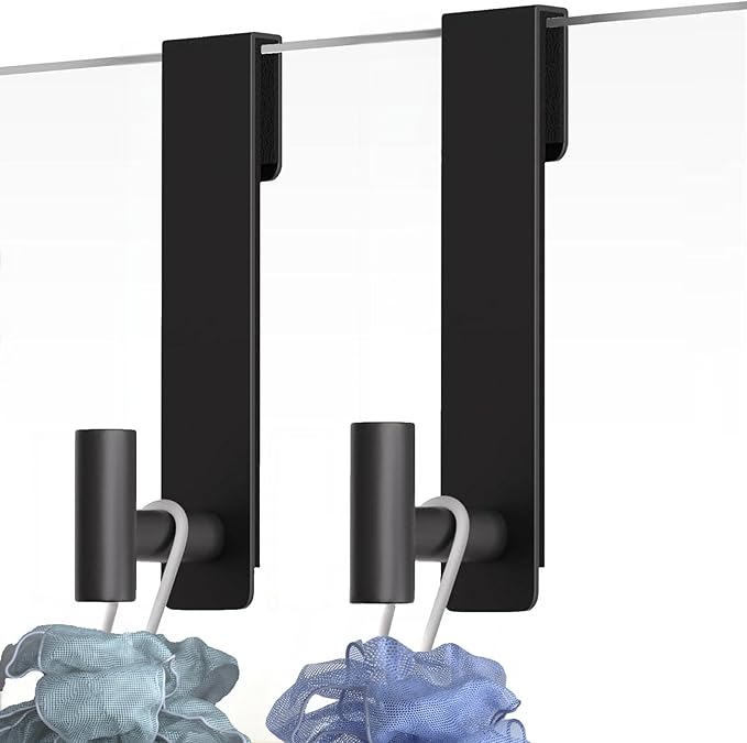 VINHOLD Shower Door Hooks, Heavy Duty Rack Hooks for Robe, Stainless Steel Towel Hooks for Bathroom, Fits Frameless Glass Shower Doors up to 3/8" (10mm) Thick (Black, 2 Pack)