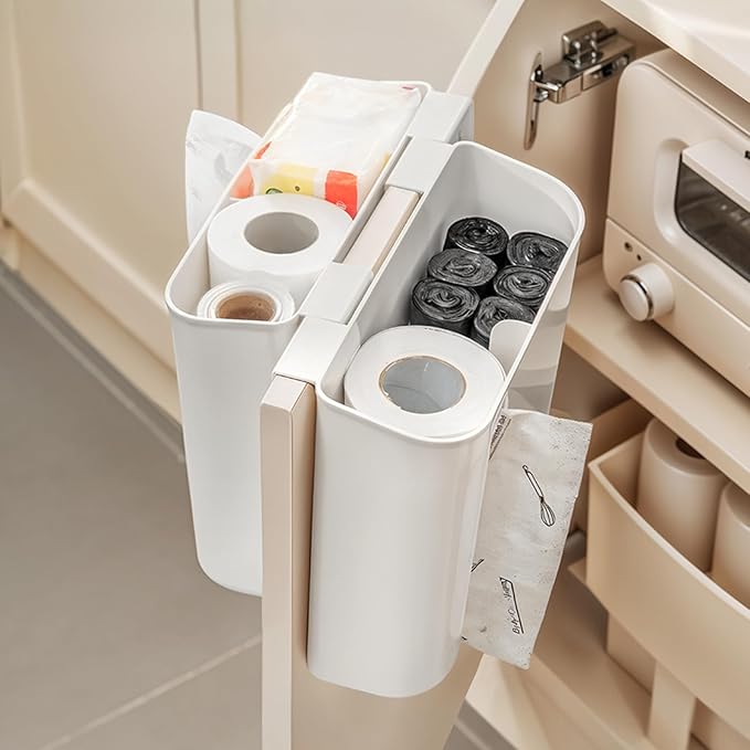 Poeland Multi-Purpose Over Cabinet Door Organizer, Under-Shelf Storage Organizer for Kitchen Wraps, Foils, and Paper Towel Dispenser, 1 Adhesive Pad and 2 Screws Included (White)