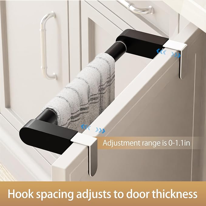 VEHHE Kitchen Towel Holder, Retractable Kitchen Towel Rack, Hooks Adjustable to Cabinet Door Thickness, Dish Towels Holder with EVA Pad, Over The Door Towels Rack, L10.4~16.9 X W2.8 X H2.4 in (Black)