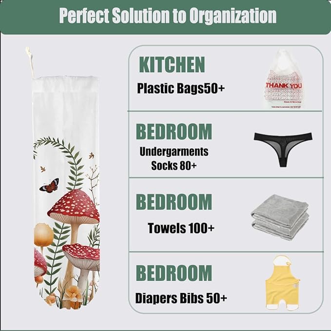 Mushroom Plastic Bag Holder, Wall Mount Plastic Holders for Grocery Bags, Butterfly Large Waterproof Grocery Bag Storage Dispenser for Home Kitchen Pantry Decor, Cute Mushroom Gifts for Women Mom