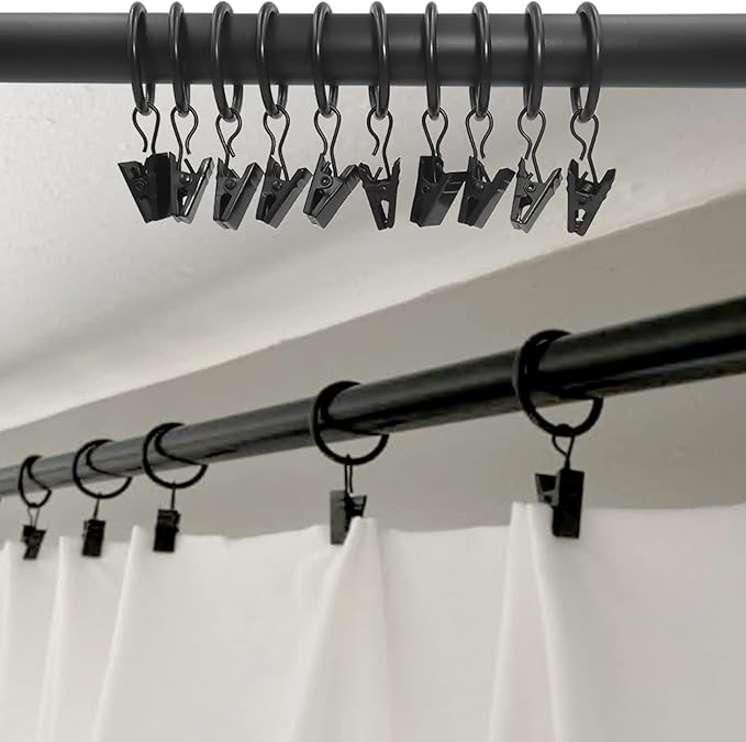 WeeksEight 44 Pack Black Curtain Rings with Clips, Curtain Hooks Hangers Clip Rings for Hanging Drapes Bows Hat, Drapery Rings 1 in I D, Fits up to 5/8 in Diameter Curtain Rod.