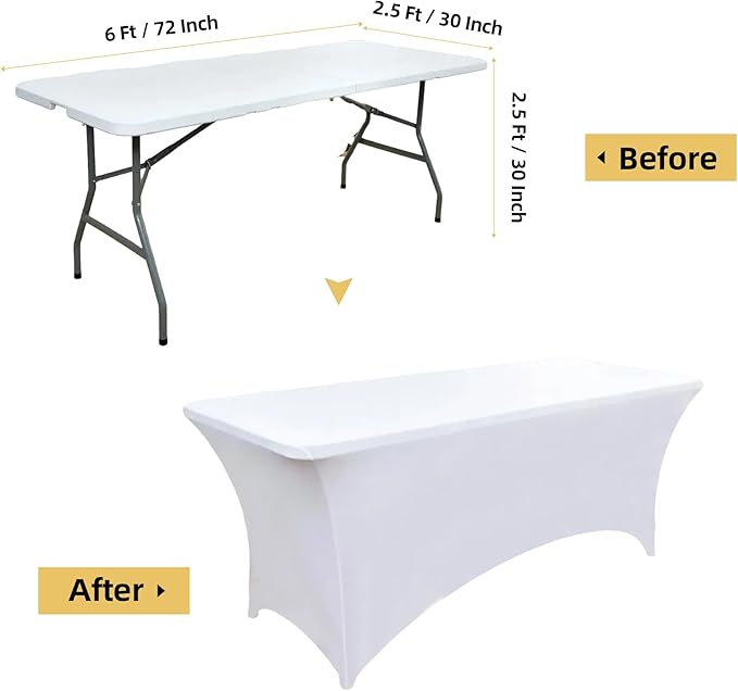 ZarzaaSik 6-Pack 6ft White Spandex Table Covers for Rectangle Standard Folding Tables - Wrinkle Resistant Stretch Tablecloths - Ultimate Fitted Table Protector for Parties, Trade Shows, Wedding