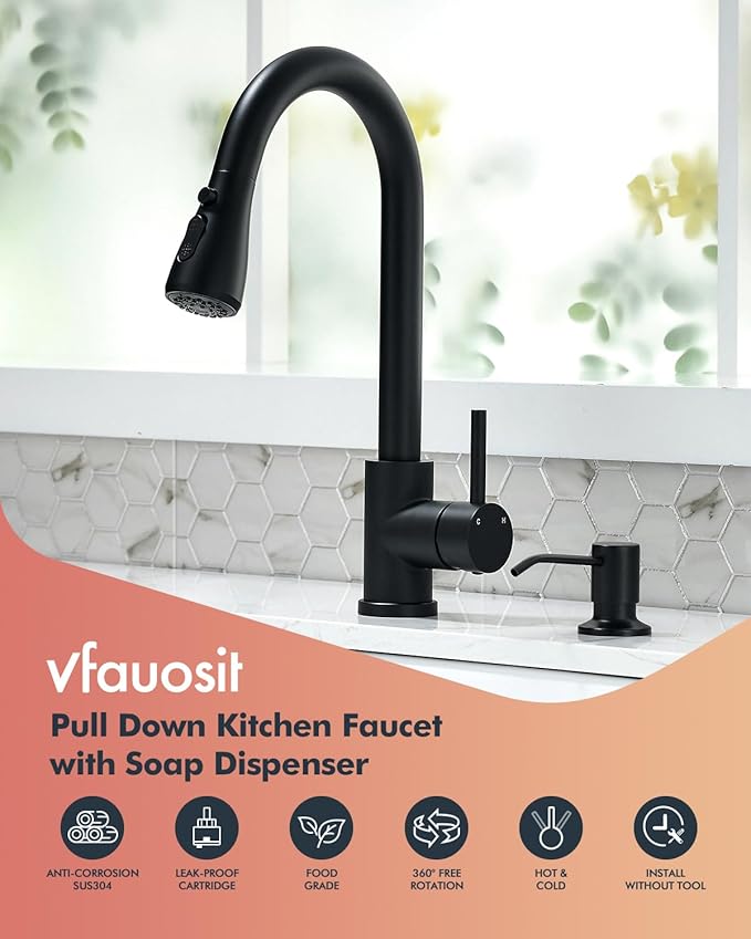 VFAUOSIT Black Kitchen Faucet with Soap Dispenser, 3-Mode Kitchen Sink Faucet with Pull Down Sprayer Stainless Steel Single Handle Faucet One Hole Kitchen Faucets for Bar Laundry RV Utility Sink