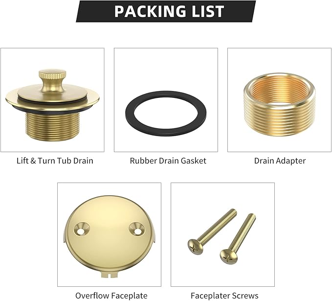 Brushed Gold Bathtub Drain Bath Tub Trim Set Conversion Kit Assembly, All Brass Lift and Turn Twist Tub Drains Replacement Trim Kit with Two-Hole Overflow Faceplate