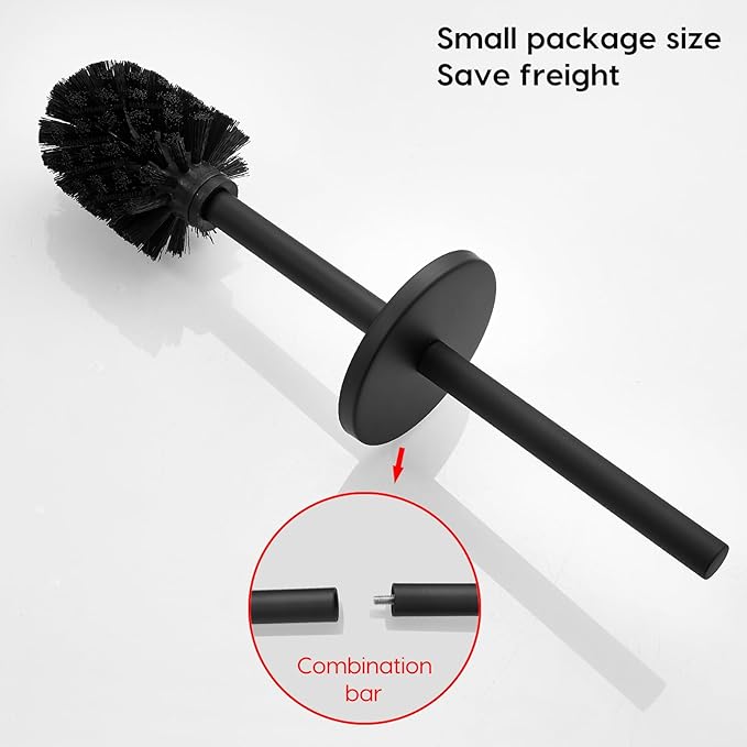 Toilet Bowl Brush and Holder, 304 Stainless Steel No-Punch Hook Base Dual-Purpose Toilet Brush Holder with Removable Inner Bucket and Splash Cover - Soft Bristles (Black)
