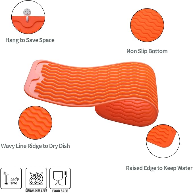 MicoYang Silicone Dish Drying Mat for Multiple Usage,Easy clean,Eco-friendly,Heat-resistant Silicone Mat for Kitchen Counter,Sink,Bar,Bottle,or Cup Orange M 17 inches x 6 inches