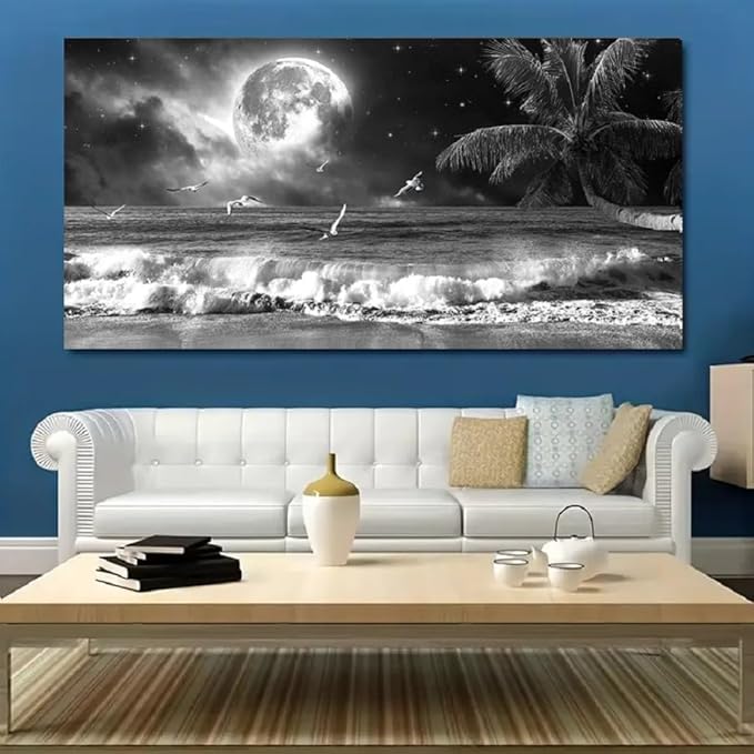 Yxbhhym large Black and White Beach Wall Art Moon Sea Ocean Prints Art Coast Canvas Pictures Paintings Seascape Poster Palm Artwork for Wall Office Decor living room Decoration Framed-30x60inches
