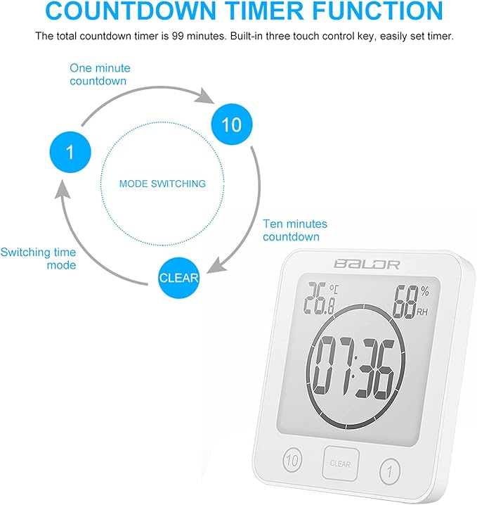 Digital Bathroom Shower Wall Clock, LCD Digital Wall Clock with Suction, Waterproof Temperature Humidity Gauge, Touch Screen Timer, Large Countdown Visual Timer (White)