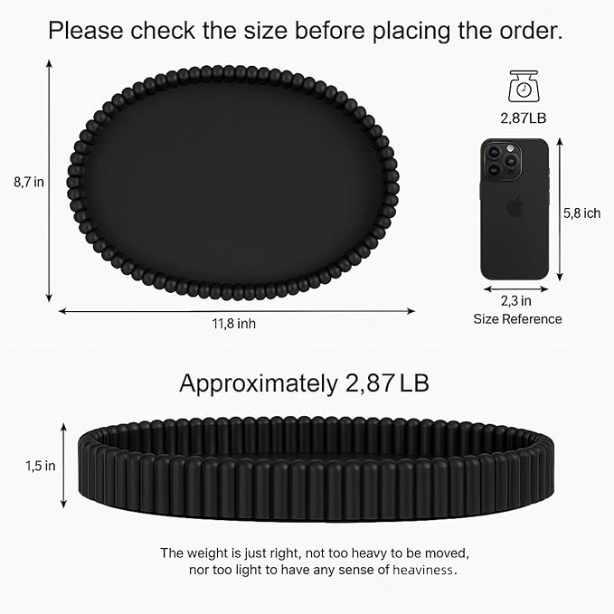 11.8in Decorative Tray for Coffee Table Decor- Black Oval Concrete Tray for Home Decor- Scalloped Flat Modern Centerpieces Tray Decor for Living Room, Kitchen Dining Table, Entryway (Black)