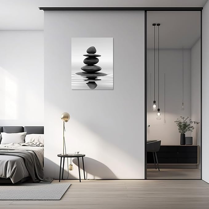 LZIMU Black and White Zen Wall Art Stones in Water Pictures Print on Canvas for Bathroom Yoga Meditation Spa Room Living Room Bedroom Wall Decorations Framed (Zen-1, 16"x24" (40x60cm))