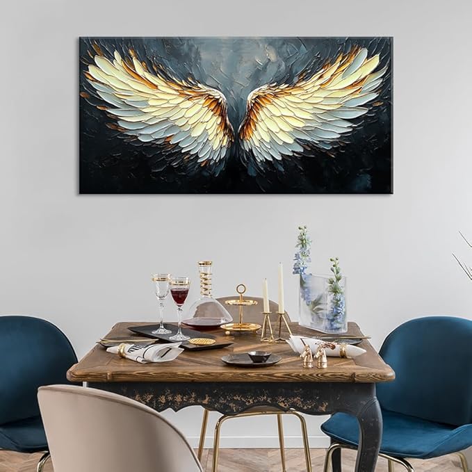 ZESTRILIA Angel Wings Wall Art for Girls Room Gold Gray Canvas Oil Painting Prints Modern Abstract Fantasy Anime Artwork Living Bedroom Office Decor Extra Large (58x28 Inches)
