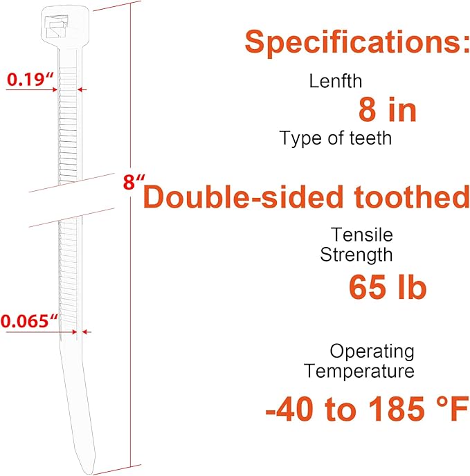 8 Inch Zip Ties Double Sided Toothed (Bulk 1000 Pack Black), 65lbs Tensile Strength Heavy Duty Cable Wire Ties with Self-Locking Adjustable Nylon Tie Wraps for Indoor Outdoor (Patented Design)