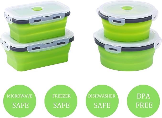 Collapsible Silicone Food Storage Containers, Set of 4 Foldable Storage Bowls with Airtight Lids, Silicone Lunch Box, Microwave,Freezer and Dishwasher Safe, BPA Free (Green, 500ml and 800ml)