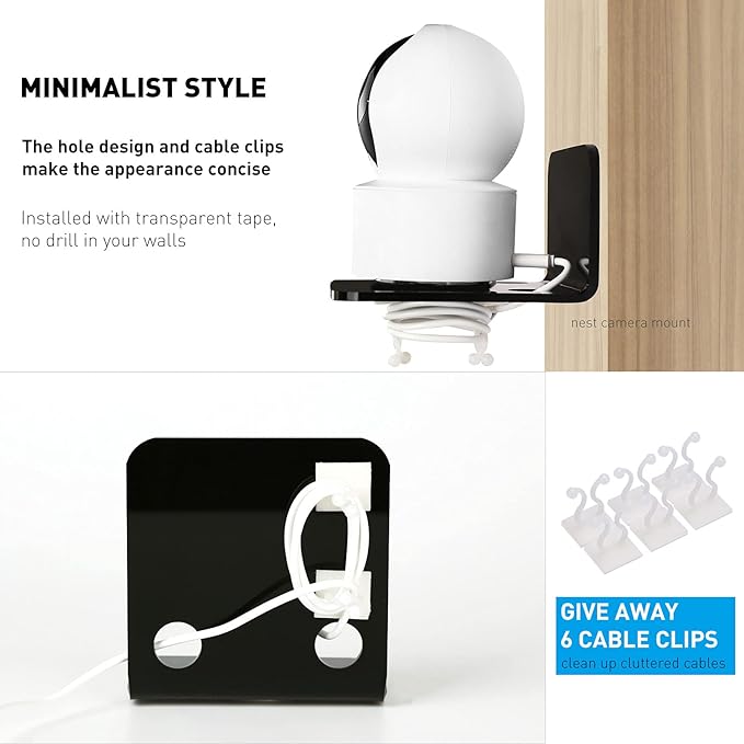 OAPRIRE Acrylic Floating Wall Shelves Set of 3, Drill Free with10 Piece Strong Tapes - Universal Small Adhesive Shelf for Security Cameras, Baby Monitors with Cable Clips (Black)