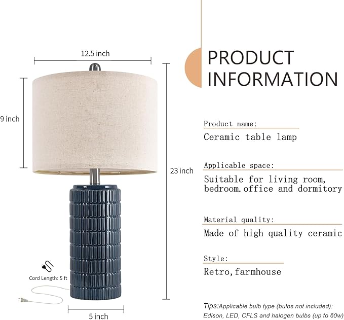 PoKat 23" Blue Table Lamps, Farmhouse Bedside Lamps for Bedroom Set of 2, Ceramic End Table Lamps for Living Room, Traditional Nightstand Desk Lamps, Medium