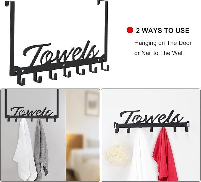 2 Pack Over The Door Hooks, Towel Rack for Bathroom Towel Holder for Hanging Heavy Duty, Over Door Towel Hanger with 12 Coat Hooks for Bedroom Bathroom Kitchen Towels, Bag, Hats, Black