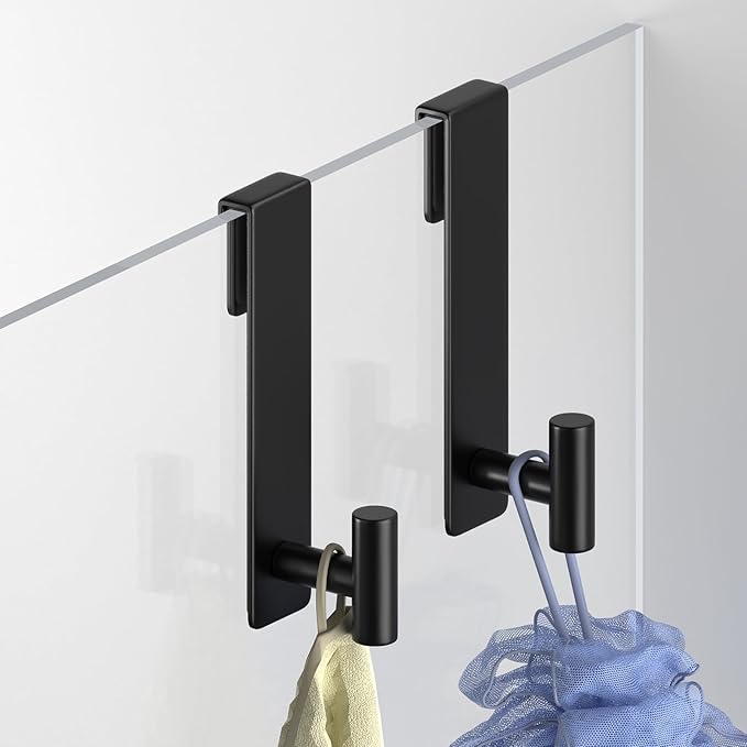 VINHOLD Shower Door Hooks, Heavy Duty Rack Hooks for Robe, Stainless Steel Towel Hooks for Bathroom, Fits Frameless Glass Shower Doors up to 3/8" (10mm) Thick (Black, 2 Pack)