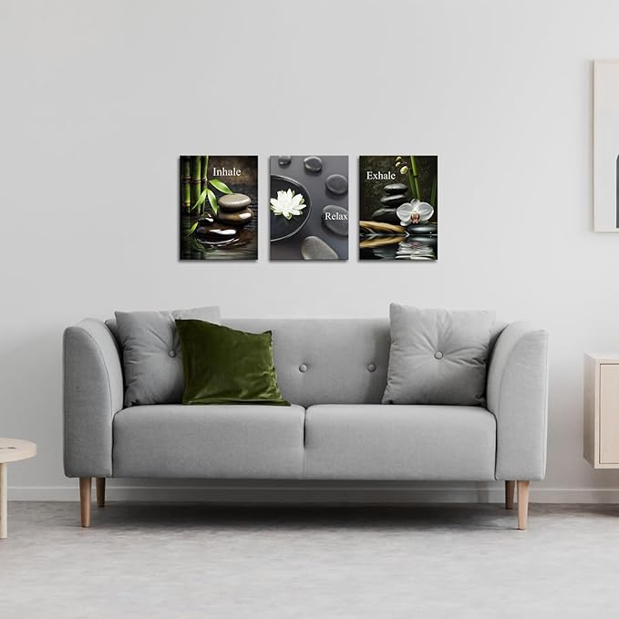 FuShvre Zen Wall Art for Bathroom Zen Stone Bamboo Lotus Orchid Flower Pictures Still Life Prints for Zen Meditation Room Wall Decor Framed 12x16 inch each piece (small)