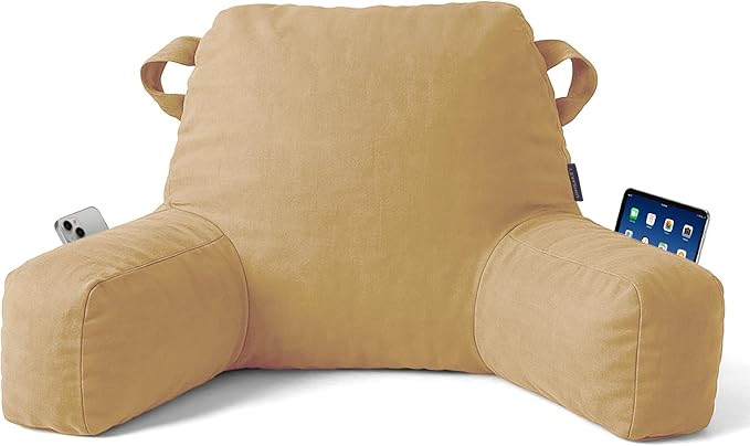 Portable Comfy Reading Pillows for Bed Sitting Up(Camel Oeko-Tex), Velvet Back Pillow with Arms & Pockets for Adults, Support Memory Foam Bed Pillow for Dorm/Reading/Watching/Gaming