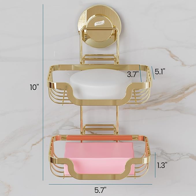TAILI Double Layer Soap Holder, Bar Soap Dish Suction Cup for Shower Wall, Draining Saver Tray for Bathroom, Rustproof Stainless Steel Sponge Holder for Tub, Kitchen, Drill-Free, Gold