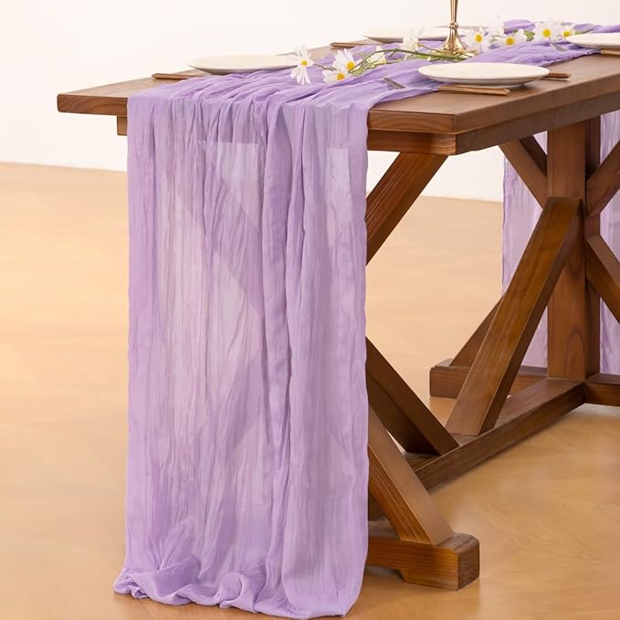 Socomi 6pcs Lilac Purple Lavender Cheesecloth Table Runner Summer Boho Rustic Gauze 120 inch 10FT Cheese Cloth Sheer Runner for Wedding Party Baby Shower Birthday Home Decor Holiday Decorations