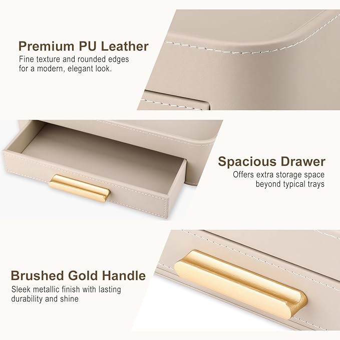 GORESE Valet Jewelry Tray Nightstand Organizer with Drawer, PU Leather Perfume Tray Trinket Trays for Vanity Bathroom Entryway, Catchall Trays for Key Purse Watch Cologne, Gift for Women Men, Beige