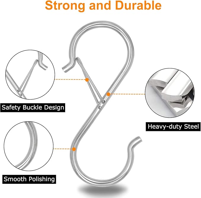 Waitkey 48 Pack S Hooks for Hanging, 3.5 inch Heavy Duty Metal S Hooks with Safety Buckle, S Shaped Hooks, Pot Rack Closet Hooks for Hanging Plants, Clothes, Kitchen Utensils, Pots, Pans, Bags (Silver)