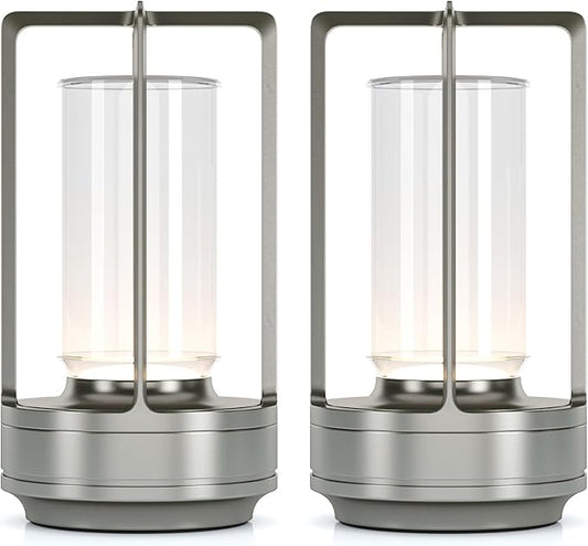 Portable Metal Table Lamp for Indoor/Outdoor ,Rechargeable Cordless LED Lamp, 3-Colour Infinitely Dimming Battery Powered Small Desk Lamp, Restaurant/Bedroom/Bar/Coffee/Camping Light (Sliver Set of 2)