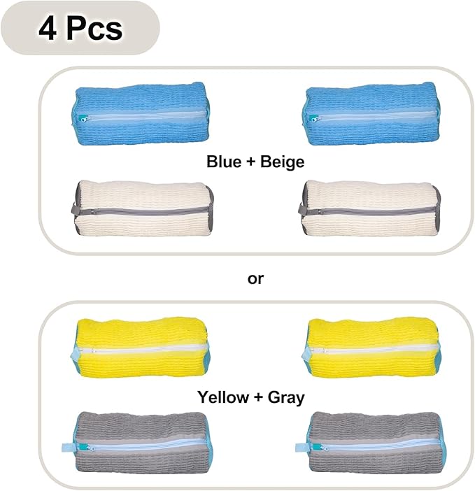 Shoe Washing Machine Bag, 4 Pcs Laundry Shoe Bags for Washer and Dryer with Chenille Liner, Large Reusable Mesh Bag for Sneakers, Gym, Tennis, Sports, Delicates, 2 Color Mix (Blue+Beige)