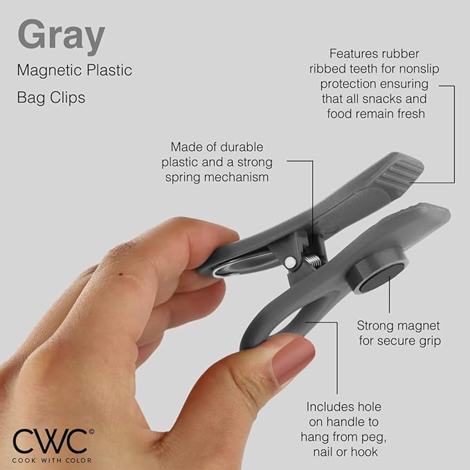COOK WITH COLOR Bag Clips with Magnet- Food, Chip and Bag Clips for Food Storage with Airtight Seal Grip for Bread Bags, Snack Bags and Food Bags (Gray, Pack of 10)
