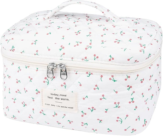 Gosect Large Travel Quilted Makeup Bag for Women,Big Floral Cotton Cosmetic Bag, Cute Coquette Aesthetic Floral Toiletry Organizer Bag (White Cherry)