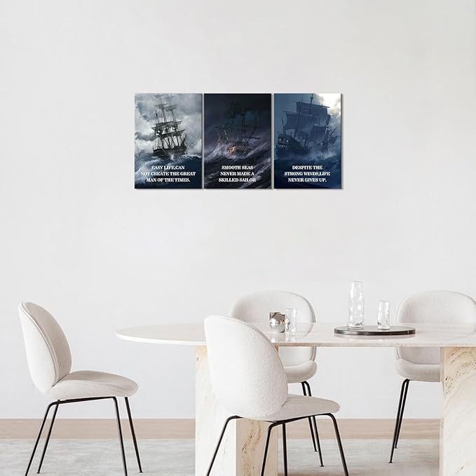 KAWAHONE Motivational Quotes Wall Art, Smooth Seas Never Made a Skilled Sailor Inspirational Wall Art Office Decor, Positive Quotes Wall Art for Living Room Bedroom, Office, Home, Gym