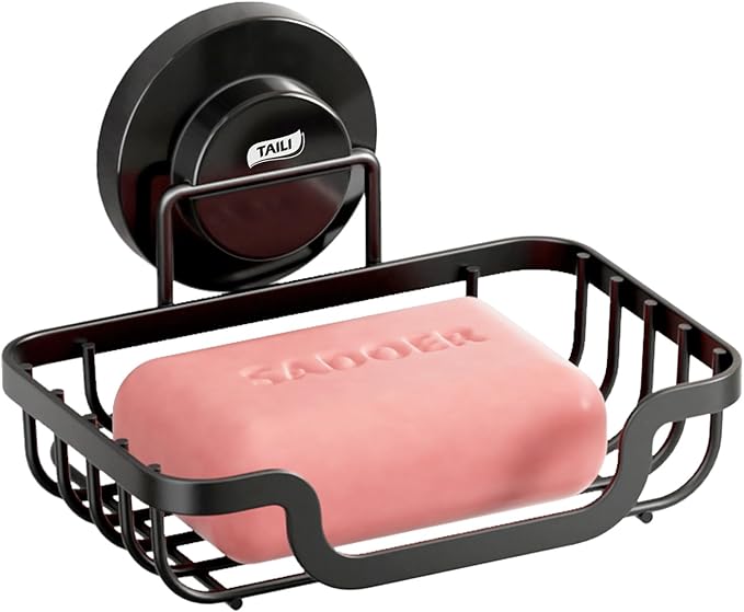TAILI Soap Holder Dish Suction Cup, Bar Shampoo Rack for Shower Wall, Draining Soap Saver Tray for Bathroom, Rustproof Stainless Steel Sponge Holder for Tub, Kitchen, Drill-Free, Black