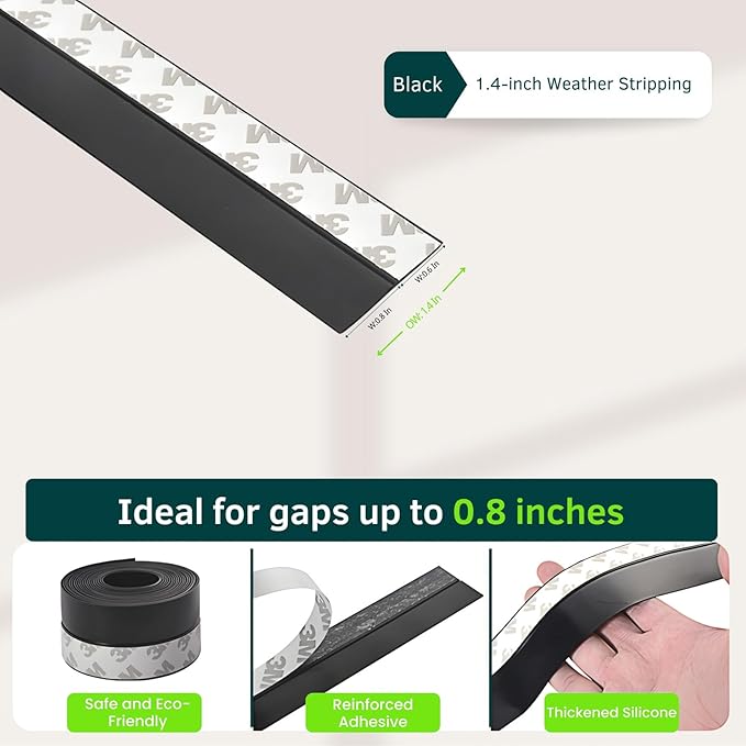 Weather Stripping Door Seal – Door Seal Strip for Door Frame Side, Window, Shower Door Bottom Seal, Strong Adhesive Silicone Draft Stopper for Weatherproofing and Noise Reduction, 1.4in Black