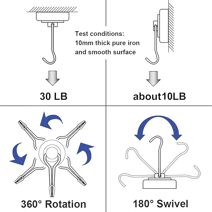 E BAVITE Swivel Swing Magnetic Hooks, Strong Neodymium Rare Earth Magnet Hook Perfect for Refrigerator and Other Magnets Surfaces, Pack of 3,Silver