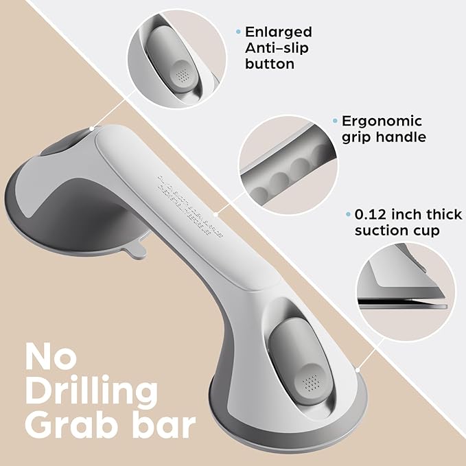 2 Pack 12 Inch Grab Bars for Bathtubs and Showers for Seniors, Heavy Duty Shower Handle for Elderly, Suction Cup Removable Handrails Handicap Bath Grip Bathroom Upgrade Safety Grips (Gray)