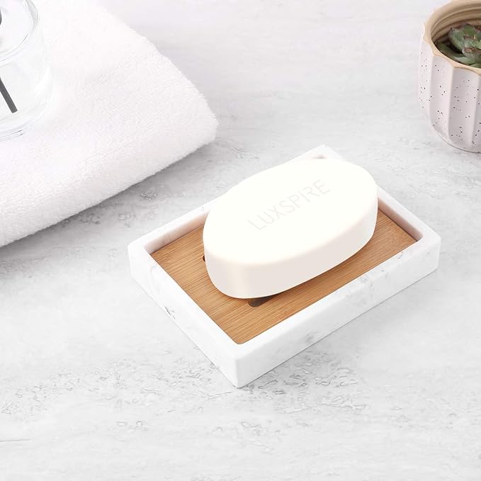 Luxspire Bamboo Soap Dish, Resin Soap Holder with Drainage, Wooden Soap Dish for Shower, Bathroom, Sink, Kitchen and Countertop, Gravel White