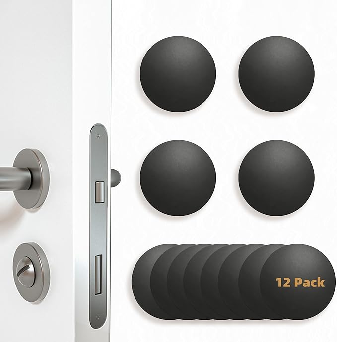 Door Stoppers Wall Protector, Silicone Door Bumper, Self-Adhesive Wall Shield, Door Slamming Silencer, Door Knob Guard for Home, Office, School, 2 Inch Diameter, 12 Pack, Black