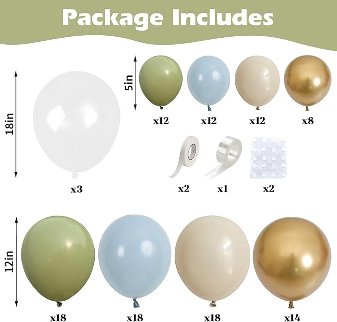Dusty Blue Green Balloons Garland Arch Kit, 120Pcs Pastel Green Blue Beige Gold Balloons in 18/12/5 Inch Different Sizes for Boho Birthday Wedding Bridal Baby Shower