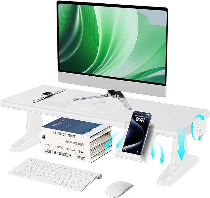 NIFBANG Computer Monitor Stand Riser for Desk, 4.5-6.3 Inches Freely Height Adjustable with Cellphone Holder, Multi-Purpose Desktop Organizer Monitor Stands Riser for Computer, Laptop, Printer, TV (White)