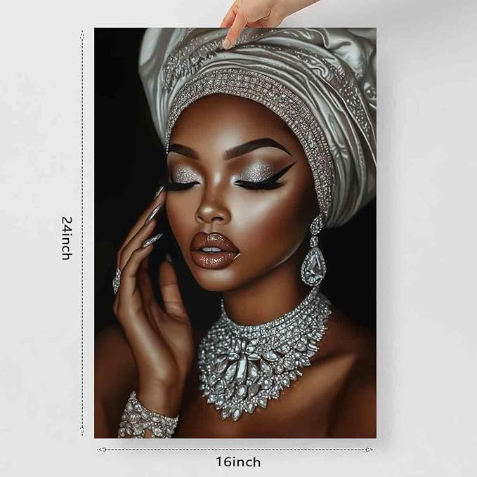 African American Wall Art Girl Black Woman Painting Fashion Poster Portrait Prints Painting Silver And Black Woman Portrait Wall Art Living Room Decor 16x24inch No Frame