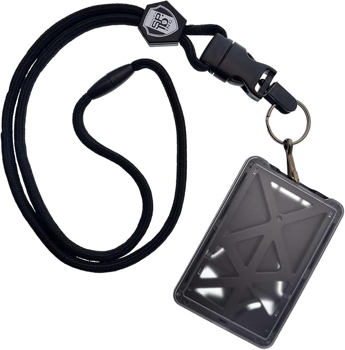 Specialist ID Vertical Top Load Three Card Badge Holder - Hard Plastic with Heavy Duty Breakaway Lanyard w Quick Release Metal Clip & Key Ring (One Holder / 3 Cards Inside) (Black)