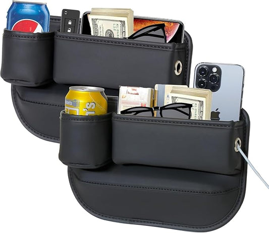 PLEW 2-Pack Black Obsidian Car Seat Gap Filler, Premium Leather Console Organizer Universal Fit for Car SUV Truck Multi-Purpose Essentials Organizer - Car Seat Gap Filler Organizer with Cup Holder