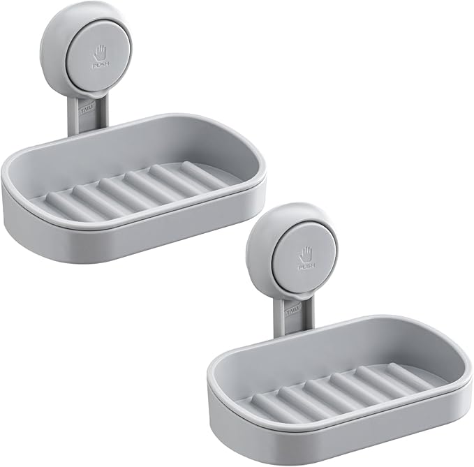 TAILI Soap Dish Bar Holder Suction Cup, SoapSaver with Powerful Vacuum Suction, Sponge Holder for Shower, Bathroom, Tub and Kitchen Sink, Universal Shower Accessories, Drill-Free, Removable, 2 Pack, Grey