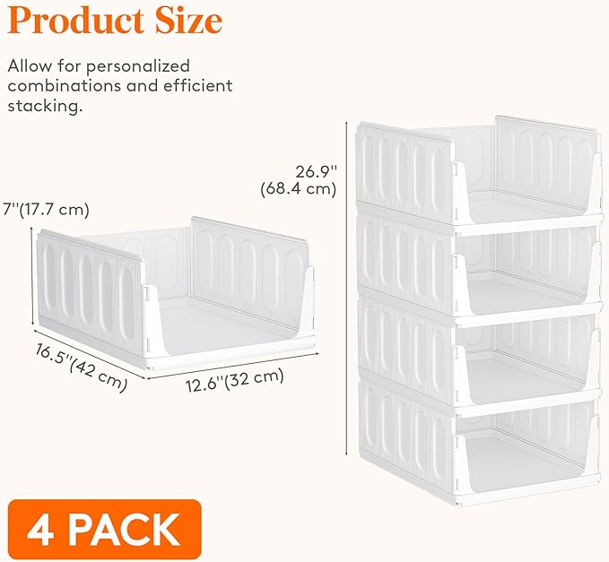 Lifewit Stackable Closet Organizers and Storage Basket for Clothes, Plastic Sweater Storage Bins for Wardrobe, Multifunctional Pants Organizer for RV, Pantry, Bathroom, Kitchen, Dorm, 24L, 4 Pack