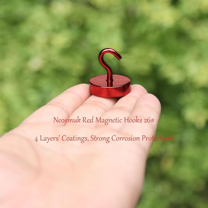 Neosmuk Magnetic Hooks, Cruise Ship Essentials, 80lb+ Heavy Duty Magnetic Hooks for Cruise Cabins, Refrigerators, Grills, Hanging, and Travel | Extra Strong Must-Have Magnet Hooks, Red
