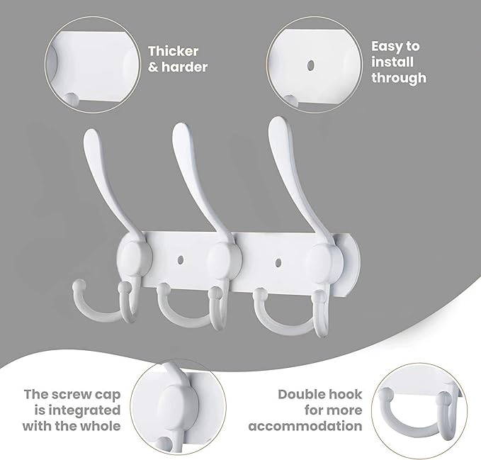 Coat Rack Wall Mounted,3 Tri Stainless Steel Coat Hook for Coat Hat Robes Towel in Mudroom Entryway (White, 2 Pack 3 Hook)