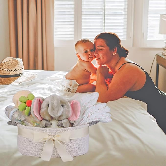 Yimi's Dream Basket for Gifting, Small Baskets for Shelves, White Cotton Rope Basket with Grey Handle for Decor, Baby Cat Dog Toy (Oval, 12"x 8"x 5")